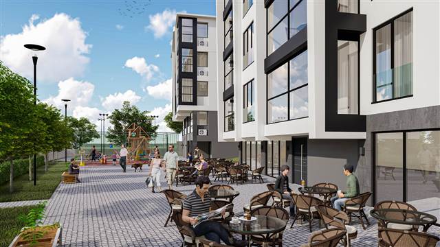 Alfa Tepe XL — site içi avlu ve kafe (3B görsel)